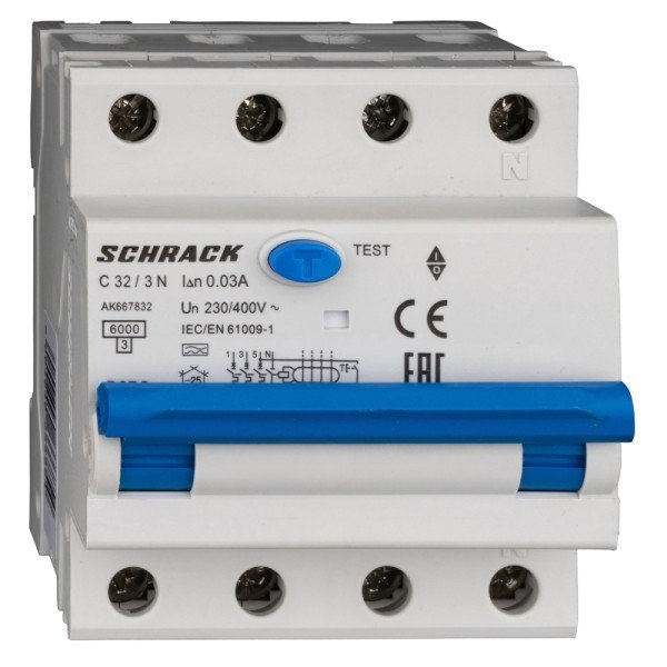SCHRACK FI/LS-Schalter 3+N, AMPARO, 6kA, C 32A, 30mA, Typ A - AK667832--
