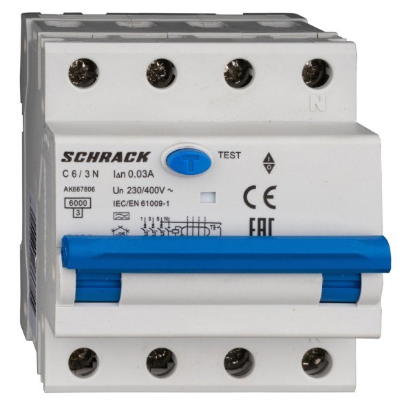 SCHRACK FI/LS-Schalter 3+N, AMPARO, 6kA, C 6A, 30mA, Typ A - AK667806--