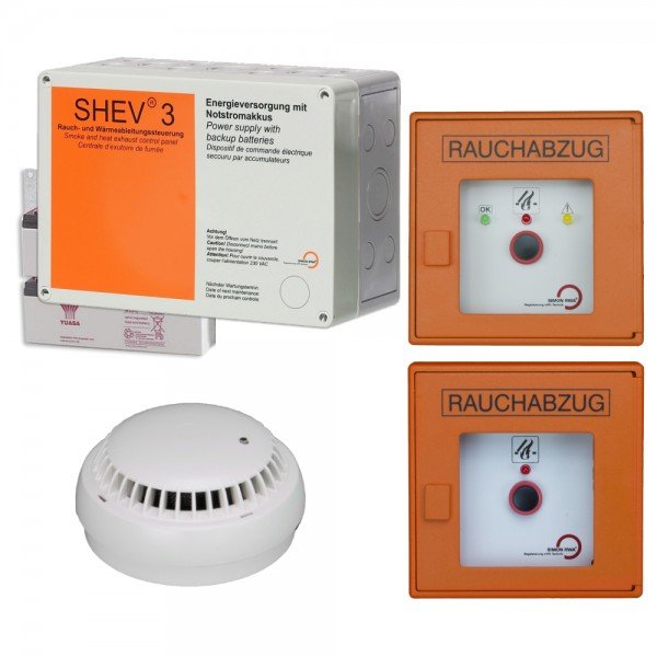 RWA-Treppenhaus-Set SIMON PROtec Kompaktzentrale SHEV 3A inkl. 2 Taster orange, Rauchmelder