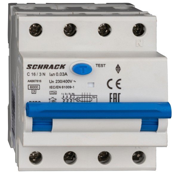 SCHRACK FI/LS-Schalter 3+N, AMPARO, 6kA, C 16A, 30mA, Typ A - AK667816--
